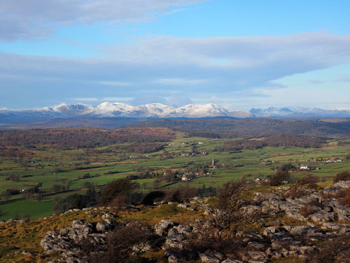 Coniston fells and Langdale with Field broughton village in foreground